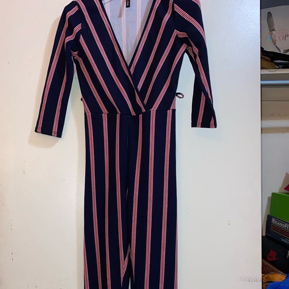 Navy blue, red & white striped jumpsuit - Picture 2 of 3